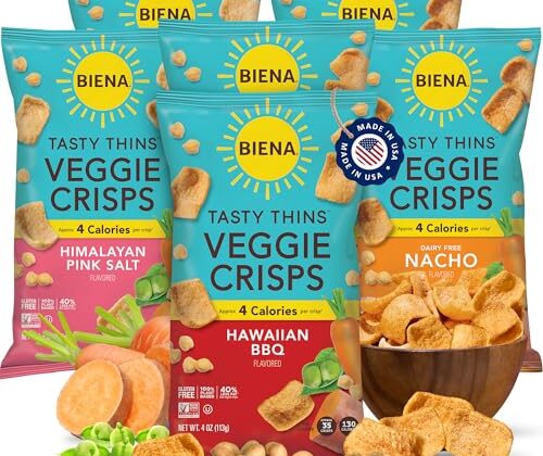 BIENA Tasty Thins Veggie Crisps - Low-Calorie Veggie Chips for Adults and Kids - Variety Pack (6x4-oz Bags) - Hawaiian BBQ, Himalayan Pink Salt, & Nacho