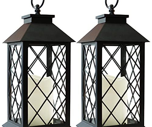 Bright Zeal 2-Pack 13.5" Vintage Candle Lantern with LED Pillar Candle (Black, 6hr Timer) - IP44 Waterproof Battery Powered Candle Lantern - Outdoor Patio Hanging Lantern Decorative Tabletop Lantern