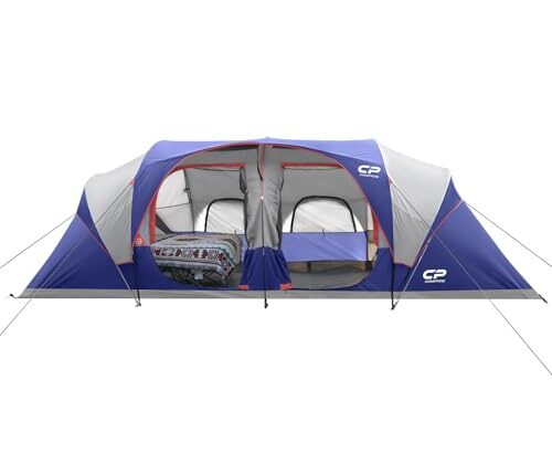 CAMPROS CP Tent 12-Person-Camping-Tents,3 Room Tents,Waterproof Windproof Family Tent with Top Rainfly,6 Large Mesh Windows,Double Layer,Easy Set Up, Portable with Carry Bag-20' x 9' x 72"(H)-Blue