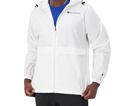 Champion Men's Stadium Full-Zip Jacket, Relaxed Fit, Wind, Water Resistant, White Small Script Logo