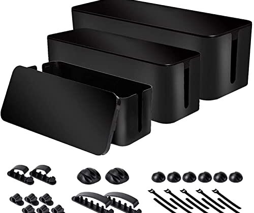 Chouky Cable Organizer Box Set of Three, Power Cover Cord Holder Surge Protector for Desk (Black)
