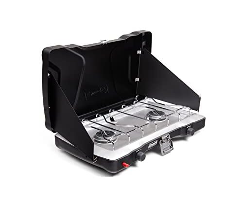 Coleman Triton+ Portable 2-Burner Propane Camping Stove 22000 Total BTUs Wind Guards Adjustable Burners Instant Push-Button Ignition Suitable for Backyard BBQs Beach Cookouts Tailgating