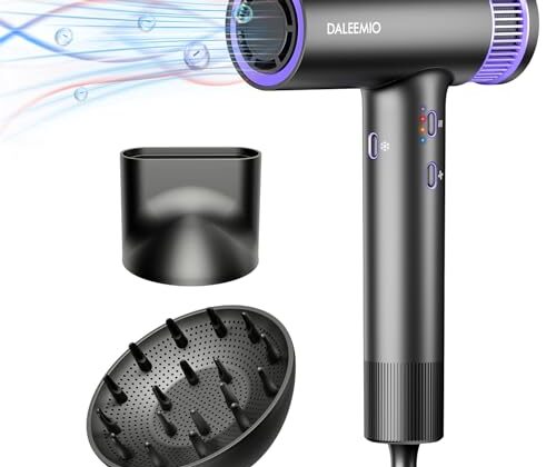DALEEMIO Hair Dryer, 150000 RPM High Speed Blow Dryer with Upgrade Nano Chip 500 Million Negative Ionic, Thermo-Control with Diffuser & Nozzle, Purple