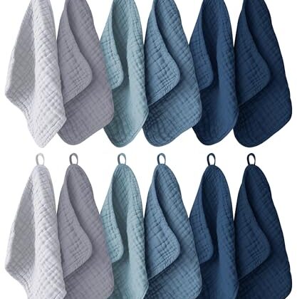 Ease Cubs 12 Pack Muslin Washcloths for Baby - 100% Cotton Baby Wash Cloths for or Baby Face Body Comfy and Soft for Newborn Infants Kids Girls and Boys - 12"x12" - Slate, Grey and Navy Series