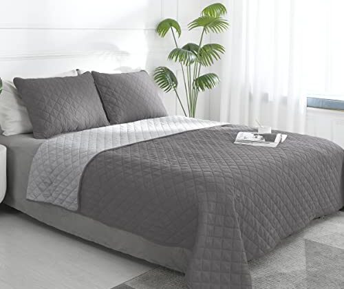Easy-Going Full/Queen Size Reversible Quilt Set with 1 Quilt and 2 Pillow Shams, Soft Bed Quilt Cover, Lightweight Microfiber Bedspread, Water and Stain Resistant, Gray/Light Gray