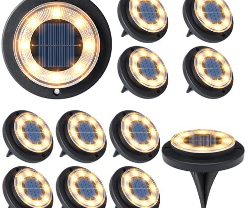 Flacchi Solar Ground Lights - Solar Powered Lights Outdoor Solar Disk Light Waterproof Landscape Light for Patio Yard Pathway Walkway Driveway (Warm White, 12 Pack)