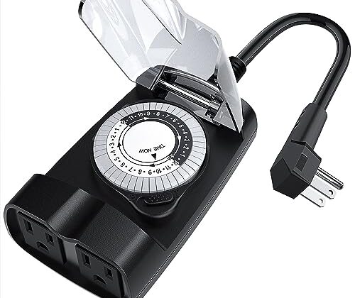 G-Homa 24 Hour Mechanical Outdoor Timer Outlet, Outdoor Timer for Lights, Waterproof, 2 Grounded Outlets, 15A 1/2HP, Heavy Duty, ETL Listed