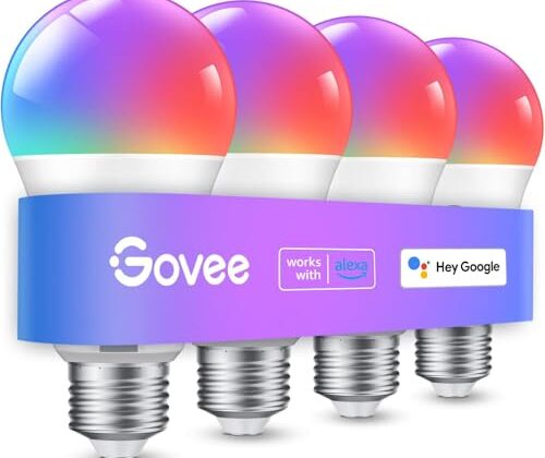 Govee Smart Light Bulbs, Color Changing Light Bulb, Work with Alexa and Google Assistant, 16 Million Colors RGBWW, WiFi & Bluetooth LED Light Bulbs, Music Sync, A19, 800 Lumens, 4 Pack