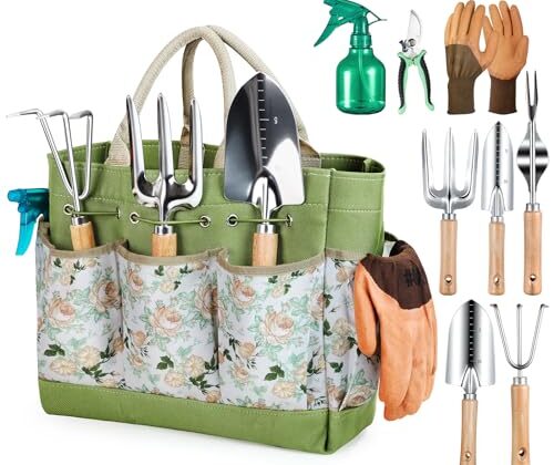 Grenebo Gardening Tools 9-Piece Heavy Duty Gardening Hand Tools with Fashion and Durable Garden Tools Organizer Handbag,Rust-Proof Garden Tool Set, Ideal Gardening Gifts for Women