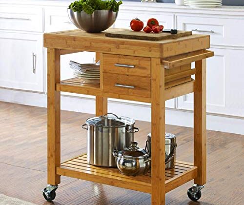 Home Aesthetics Rolling Kitchen Island Cart with Drawers Shelves, Towel Rack, Locking Casters, Butcher Block Food Prepping Cart Trolley on Wheels, Bamboo Wood