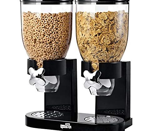 Honey-Can-Do Zevro Essential Dual-Control Dry Food Dispenser – Effortless & Organized Storage for Cereal, Dog Food, or Snack Dispenser for All Kinds of Treats, 17.5 oz Each Capacity, Black/Chrome