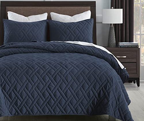 HORIMOTE HOME Quilt Set Queen Size Navy Blue, Classic Geometric Diamond Stitched Pattern, Ultra Soft Microfiber Lightweight Bedding Bedspread Coverlet for All Season with 1 Quilt 2 Pillow Shams