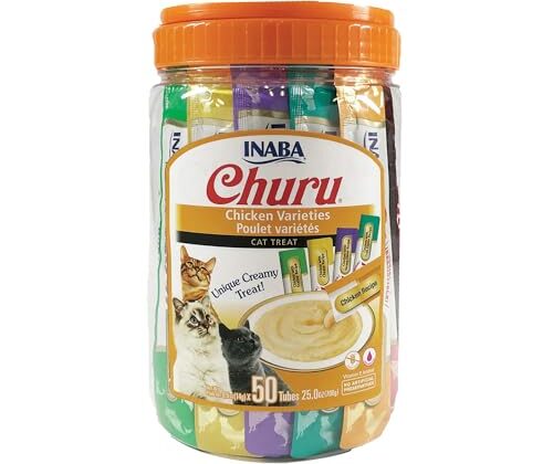 INABA Churu Cat Treats, Grain-Free, Lickable, Squeezable Creamy Purée Cat Treat/Topper with Vitamin E & Taurine, 0.5 Ounces Each Tube, 50 Tubes, Chicken Variety