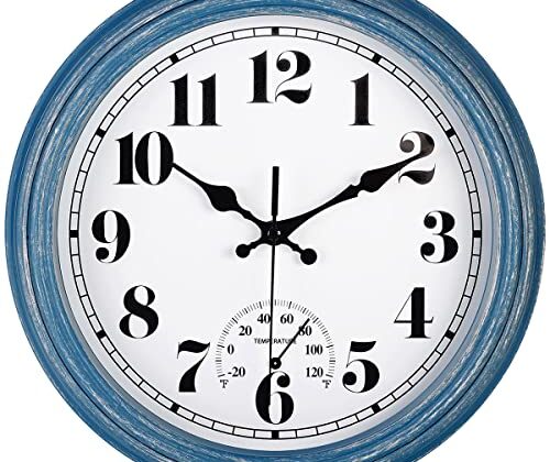 JENLYSTIME 12 Inch Indoor/Outdoor Retro Waterproof Wall Clock with Thermometer Silent Round Quartz Battery Operated Easy to Read Decorative for Kitchen Patio,Bathroom,Deck,Porch,Pool(Blue)