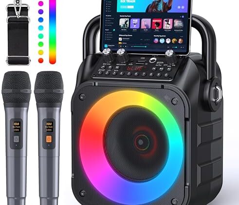 Karaoke Machine, Portable Bluetooth Speaker with 2 Wireless Microphones for Adults & Kids with Lights, Karaoke Microphone with PA System Supports USB/TF/REC/FM/AUX for Home Party