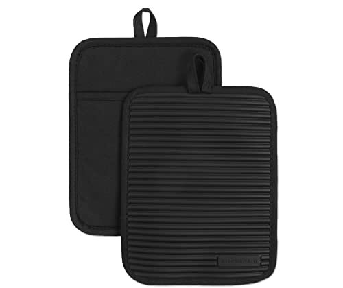 KITCHENAID Ribbed Soft Silicone Pot Holder 2-Pack Set, Matte Black, 7"x9"