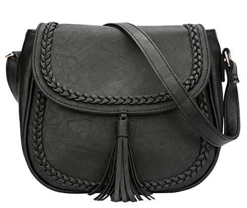 KKXIU Casual Flap Saddle Crossbody Bags for Women Small Handbags PU Leather Shoulder Bag Purse with Tassel (Z-Black)