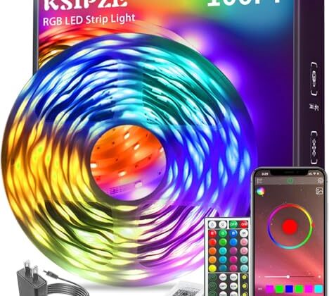 KSIPZE 100ft Led Strip Lights RGB Music Sync Color Changing Bluetooth Led Lights with Smart App Control Remote Led Lights for Bedroom Room Lighting Flexible Home Décor