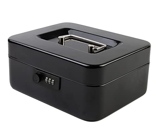 Kyodoled Medium Cash Box with Combination Lock Safe Metal Money Box with Money Tray for Security Lock Box 7.87"x 6.30"x 3.54" Black Medium