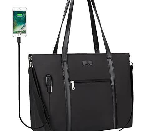 Laptop Tote Bag for Women 17 Inch, Large Teacher Tote Bag Office Work Bag Business Briefcase with Compartment and USB and Shoulder Straps Nylon Waterproof Computer Handbag Satchel