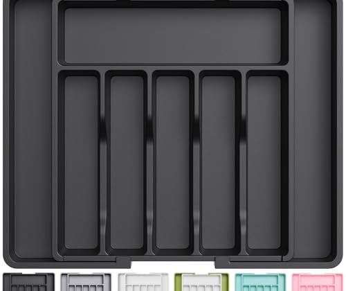 Lifewit Large Silverware Drawer Organizer, Expandable Utensil Tray for Kitchen, BPA Free Flatware and Cutlery Holder, Adjustable Plastic Storage for Spoons Forks Knives, Large, Black