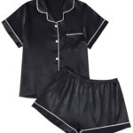 LILLUSORY Silk Satin Pajama Set for Women 2 Piece Lounge Pjs Shorts Matching Summer Sleepwear Button Down Shirt Shorts Black M