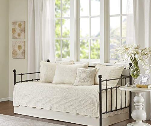 Madison Park Daybed Cover Set Damask Quilted Cover for Daybeds, All Season, Pre-washed Cotton-Filled Coastal Bedding with Scallop Edge, Shams, Bedskirt, Décor Pillows, Tuscany, Cream, 39"x75", 6 Piece