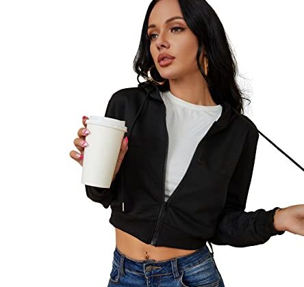 milanpavilion Women's Zip Up Hoodies Black Cropped Cardigan Jacket Drawstring Hooded Sweatshirts Casual Long Sleeve Top