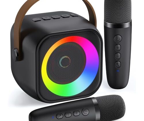 Mini Karaoke Machine, Portable Bluetooth Karaoke Speaker with 2 Wireless Microphones and Party Lights for Kids and Adults, Birthday Gifts for Girls Boys Family Home Party