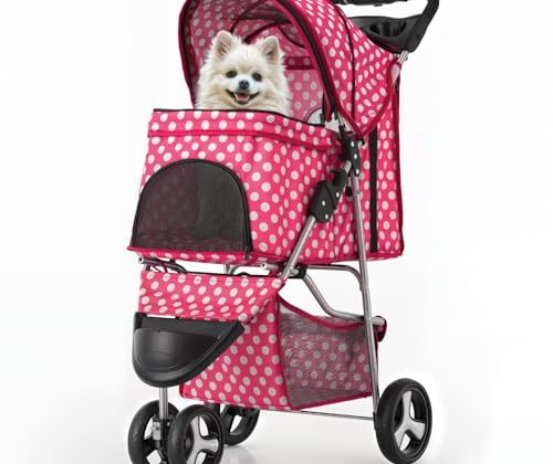 MoNiBloom 3 Wheels Pet Dog Cat Stroller for Small Medium Dogs Cats, Foldable Jogger Stroller w/Storage Basket and Cup Holder, Hot Pink Polka Dots