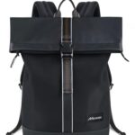 Movker Rolltop Travel Laptop Backpack Slim Durable Faux Leather College Computer Bag Gift for Men Women Fits 15.6 Inch Laptops,Black