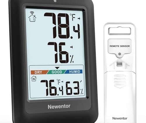 Newentor Indoor Outdoor Thermometer Wireless, Weather Stations Wireless Indoor Outdoor, Outdoor Thermometers for Patio House, Black with 1 Sensor