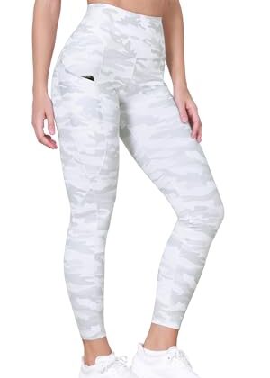 ODODOS Women's High Waisted 7/8 Yoga Leggings with Pockets, 25" Inseam Tummy Control Non See Through Workout Athletic Running Yoga Pants, White Camo, Medium