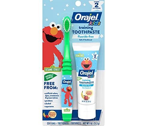 Orajel Elmo Fluoride-Free Tooth & Gum Cleanser with Toothbrush, Combo Pack, Banana Apple Flavored Non-Fluoride, 2 Piece Set