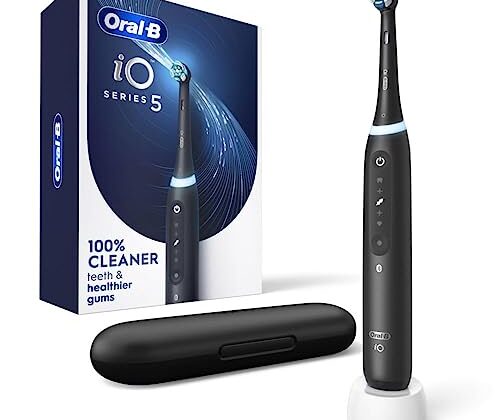 Oral-B iO Series 5 Rechargeable Electric Toothbrush with Visible Pressure Sensor to Protect Gums, 2 Minute Timer, 5 Cleaning Settings, 1 Replacement Toothbrush Heads, and Travel Case, Black