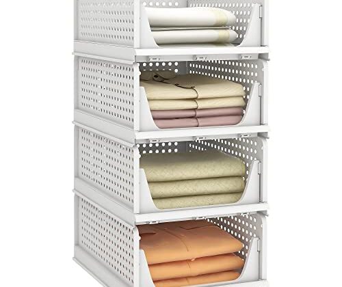 Pinkpum Stackable Plastic Storage Basket, Foldable Closet Organizers and Storage Bins 4 Pack Drawer Shelf Storage Container for Wardrobe Kitchen Bathroom Office Dorm White