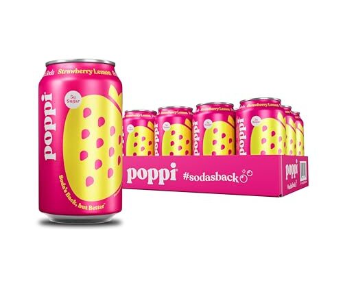 Poppi Sparkling Prebiotic Soda Beverage with Apple Cider Vinegar, Seltzer Water and Fruit Juice, Strawberry Lemon Flavor, 12 FL Oz, Pack of 12, Packaging May Vary