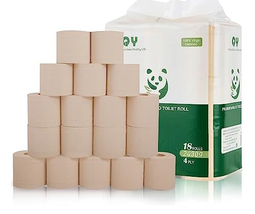 QingYa Bamboo Toilet Paper, 4-Ply, 18 Rolls, 200 Sheets Per Roll, Total 3600 Sheets, Unbleached, Sustainable and Tree Free, Soft, Strong, Earth-Friendly