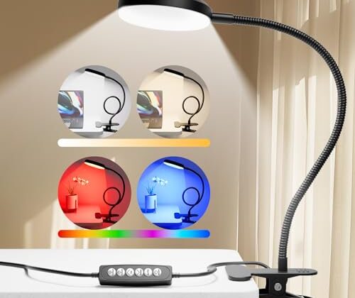 Reifeiniwei Desk Lamp with Clamp-10W，2-in-1 with RGB Ambient Light & Warm White Light,Book Reading Light Color Changeable/Flexible Gooseneck LED Lamps Clip on Bed Headboard and Computers 800LM-Black