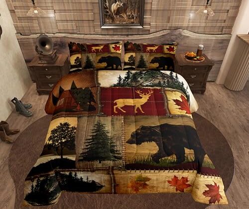 Rustic Farmhouse Bedding Comforter Sets Queen Size, Retro Cabin Lodge Bedding Sets, Hunting Bear Deer Comforter Set, Country Maple Leaves Duvet Insert, Rustic Woodland Pine Tree Quilt, Red Brown