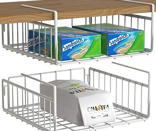 Simple Houseware Under Shelf Basket, White – 2-Pack Space-Saving Storage Organizer for Kitchen, Pantry, Closet, Office – Wire Metal Shelf Organizer, No Tools Required