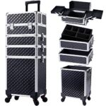 Stagiant Rolling Makeup Case Cosmetology Case on Wheels 4 in 1 Large Cosmetic Organizer Train Case Makeup Travel Case with Key Swivel Wheels Nail Artist Salon Storage Traveling Cart Trunk Black