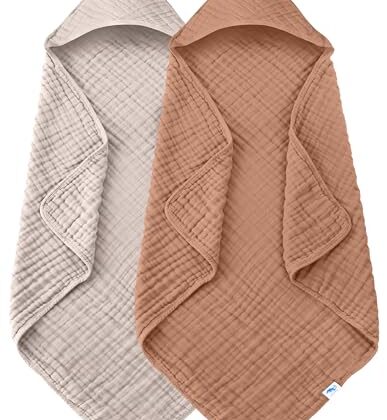SWEET DOLPHIN Muslin Hooded Baby Bath Towels - 2 Pack 100% Cotton Towel for Babies, Infants, Toddlers - 32x32Inch - Highly Absorbent and Newborn Essential, Light Bean Paste