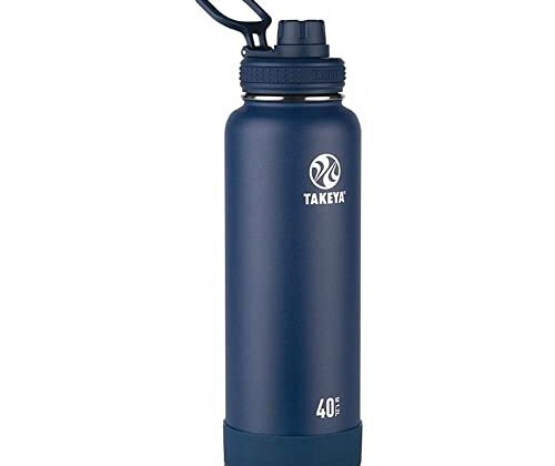 Takeya Actives Water Bottle with Spout Lid - Bottle with Double Stainless Steel Insulation - Dishwasher Safe & BPA-Free - Bottle with Spout Lid & Removable Bumper - 40 oz, Midnight Blue