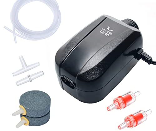 Uniclife 64 GPH Aquarium Air Pump with Dual Outlets Adjustable Quiet Fish Tank Air Pump with Air Stone Airline Tubing Check Valve and Connector Accessories for 10-100 Gallon Fish Tank