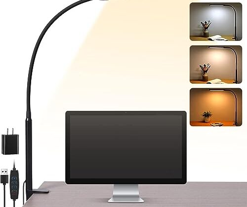 Voncerus LED Desk Lamp with Clamp, Eye-Caring Clip on Lights for Home Office, 3 Modes 10 Brightness, Long Flexible Gooseneck, Metal, Swing Arm Architect Task Table Lamps with USB Adapter, Black