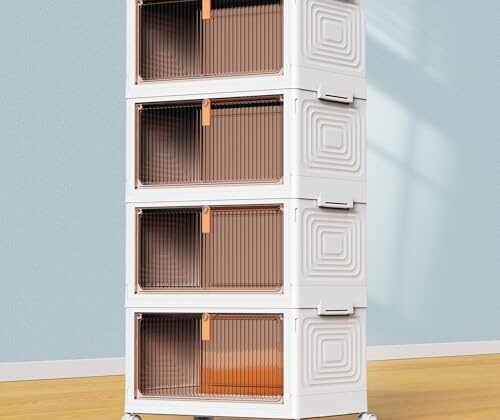 YFXCVSL 4 Tier Plastic Storage Bins with Lid 23QT, Stackable Storage Containers with Wheels, Folding Storage Boxes, Stackable Storage Bins, Closet Organizers and Storage for Living Room,Office,Dorm