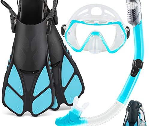 ZEEPORTE Mask Fin Snorkel Set with Adult Snorkeling Gear, Panoramic View Diving Mask, Trek Fin, Dry Top Snorkel +Travel Bags, Snorkel for Lap Swimming