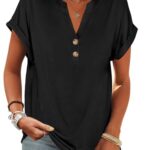 ANRABESS Womens Short Sleeve Henley Tops V Neck Dressy Casual Loose Fit Shirts Summer Flowy Blouses 2025 Trendy Clothes Black L