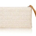 COOKOOKY Women's Straw Clutch Bag Bohemian Zipper Wristlet Summer Beach Sea Purse Wallets (Beige- White)